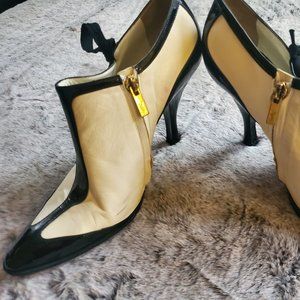 Yves Saint Laurent Suit Pumps 7.5 Black White Leather Leather Fabric Bow